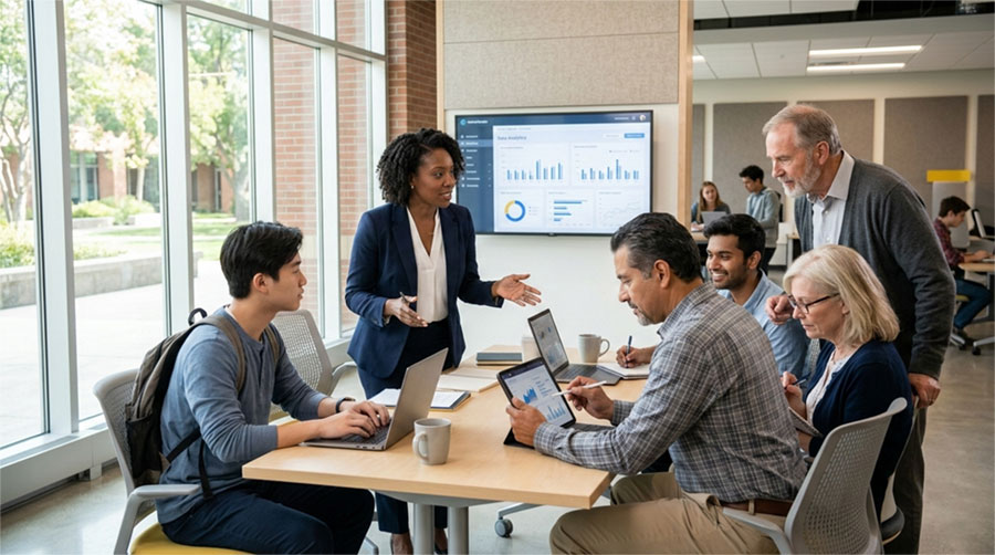 a diverse group of learners collaborating in a modern, technology-enabled environment.